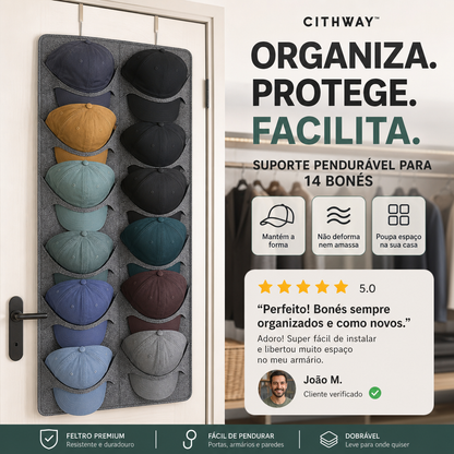 🧢 50% DE DESCONTO – Suporte Suspenso para Chapéus com Vários Bolsos | Organizador prático, economiza espaço & fácil acesso
