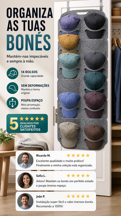 🧢 50% DE DESCONTO – Suporte Suspenso para Chapéus com Vários Bolsos | Organizador prático, economiza espaço & fácil acesso