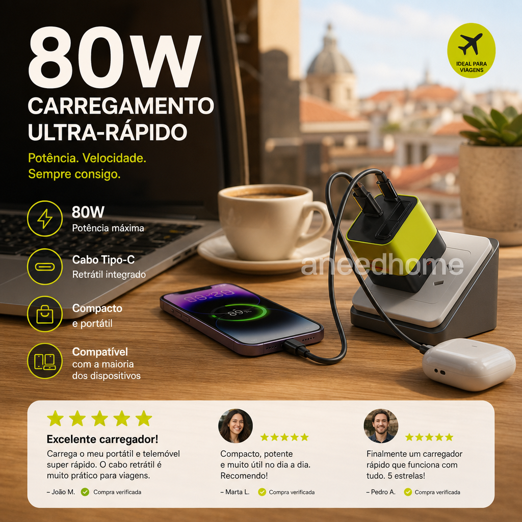 🔋 50% DE DESCONTO – Carregador Rápido 80W com Cabo Type-C Retrátil de 80cm | Potente, compacto & ideal para viagens