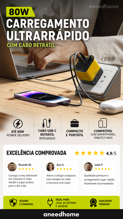 🔋 50% DE DESCONTO – Carregador Rápido 80W com Cabo Type-C Retrátil de 80cm | Potente, compacto & ideal para viagens