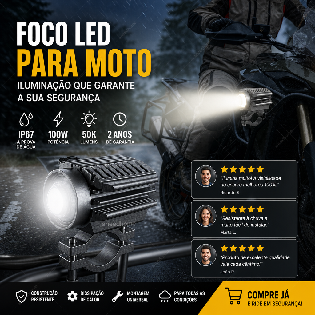 🏍️ 50% DE DESCONTO – Farol Auxiliar LED Universal para Moto | Duas cores, iluminação potente & fácil instalação