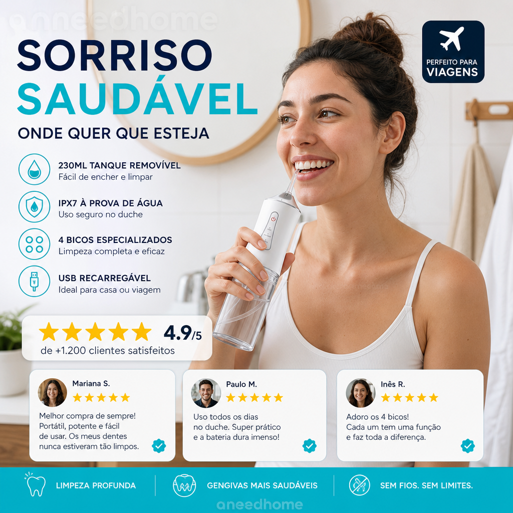 🦷 50% DE DESCONTO – Irrigador Dental Portátil Sem Fios | Limpeza profunda, fácil de usar & ideal para viagens