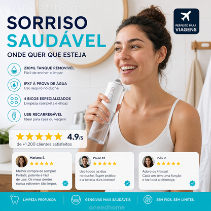 🦷 50% DE DESCONTO – Irrigador Dental Portátil Sem Fios | Limpeza profunda, fácil de usar & ideal para viagens