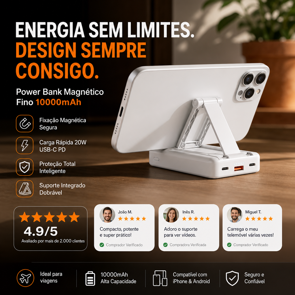 🔋 50% DE DESCONTO – Power Bank Magnético 3 em 1 com Cabos Duplos | Carregamento sem fios, portátil & ideal para viagens