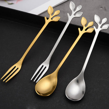 Vintage'owe Sztućce ze Stali Nierdzewnej – Łyżeczka i Widelczyk w Kształcie Liścia