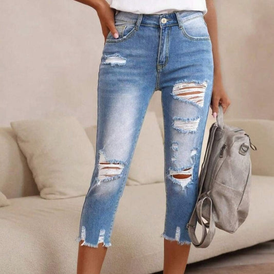 🔥Solange der Vorrat reicht 50 % Rabatt!🎉Damen-Jeans mit Used-Optik, Rissen und rohem Saum