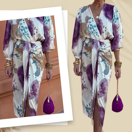 Elegantes zweiteiliges Wickelkleid-Set mit Aquarellmotiv für Damen