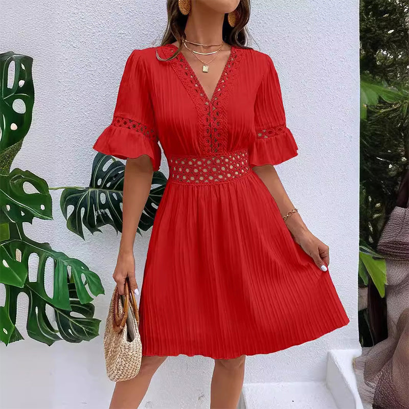 🔥 50% DE DESCONTO – SÓ HOJE 🔥 Vestido Feminino de Renda com Decote V | Feminino, Elegante e Perfeito para o Verão e Festas 👗✨