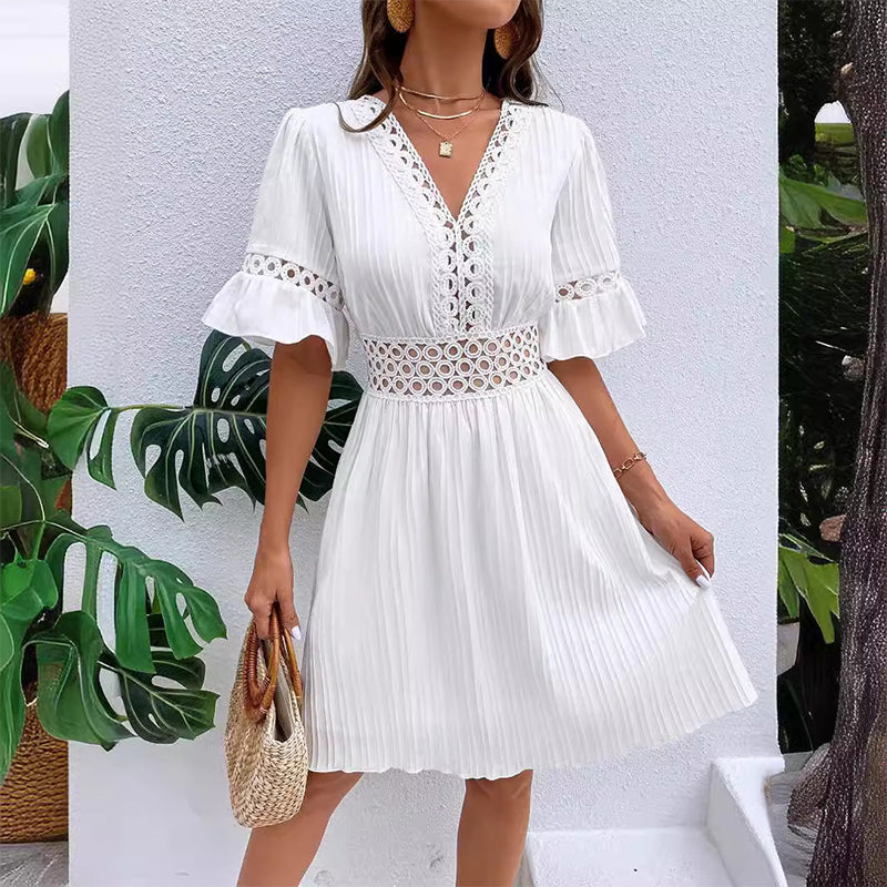🔥 50% DE DESCONTO – SÓ HOJE 🔥 Vestido Feminino de Renda com Decote V | Feminino, Elegante e Perfeito para o Verão e Festas 👗✨