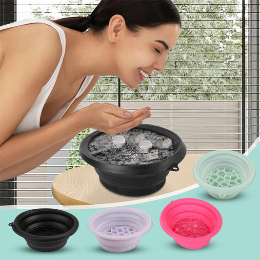🔥🎁 50% DE DESCONTO – NOVIDADE 🔥 Tigela Facial Dobrável com Bandeja de Gelo Integrada | Ideal para Limpeza de Poros e Spas em Casa