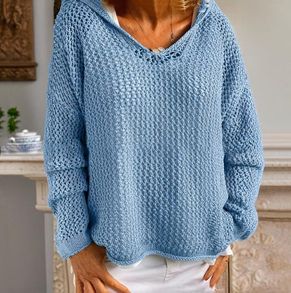 Women's Crochet Hollow Out Hooded Long Sleeve Tops