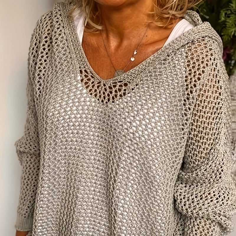 Women's Crochet Hollow Out Hooded Long Sleeve Tops