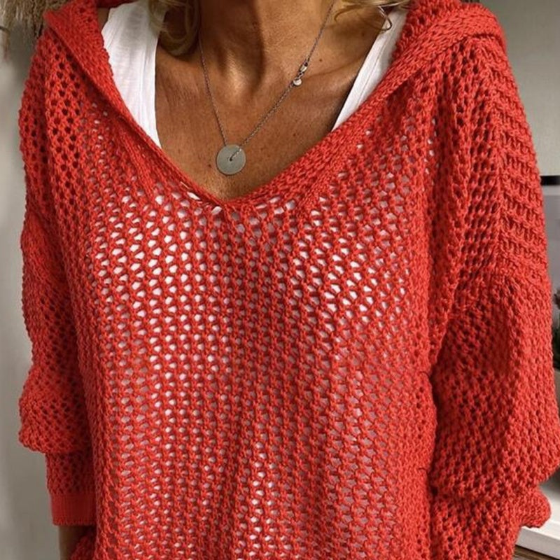 Women's Crochet Hollow Out Hooded Long Sleeve Tops