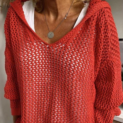 Women's Crochet Hollow Out Hooded Long Sleeve Tops