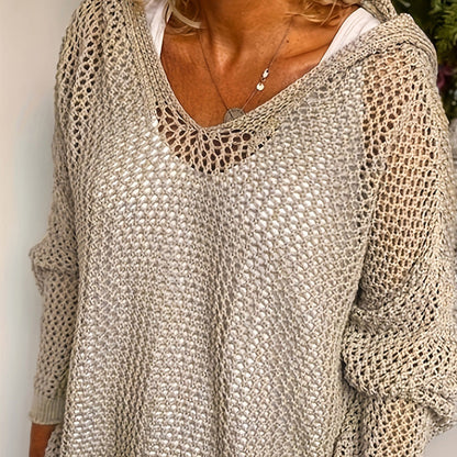Women's Crochet Hollow Out Hooded Long Sleeve Tops