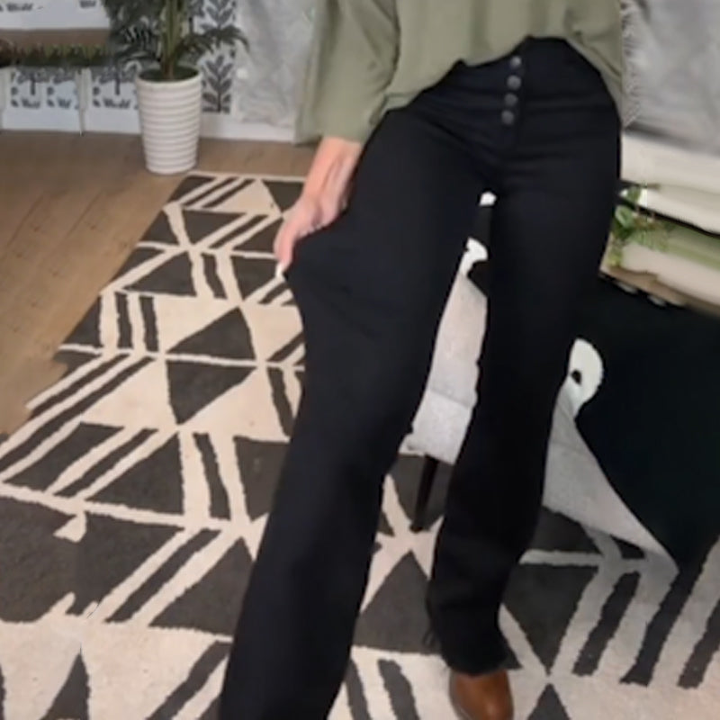🔥 50% DE DESCONTO – Calça Jeans Bootcut com Botões de Cintura Média | Alonga a silhueta, modeladora & estilo casual 🎁