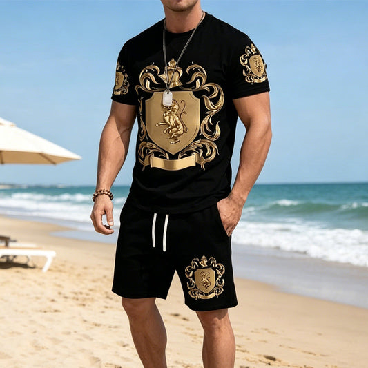 👕 50% DE DESCONTO – Conjunto Camiseta e Shorts Masculino | Estampa luxuosa, confortável & estilo verão