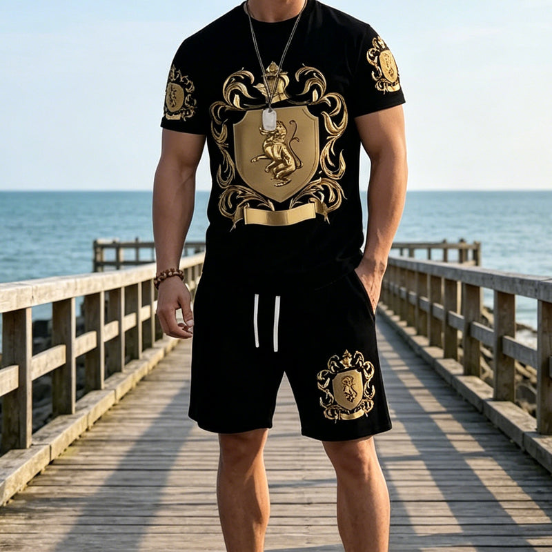 👕 50% DE DESCONTO – Conjunto Camiseta e Shorts Masculino | Estampa luxuosa, confortável & estilo verão