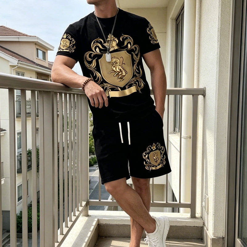 👕 50% DE DESCONTO – Conjunto Camiseta e Shorts Masculino | Estampa luxuosa, confortável & estilo verão