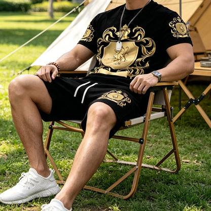 👕 50% DE DESCONTO – Conjunto Camiseta e Shorts Masculino | Estampa luxuosa, confortável & estilo verão
