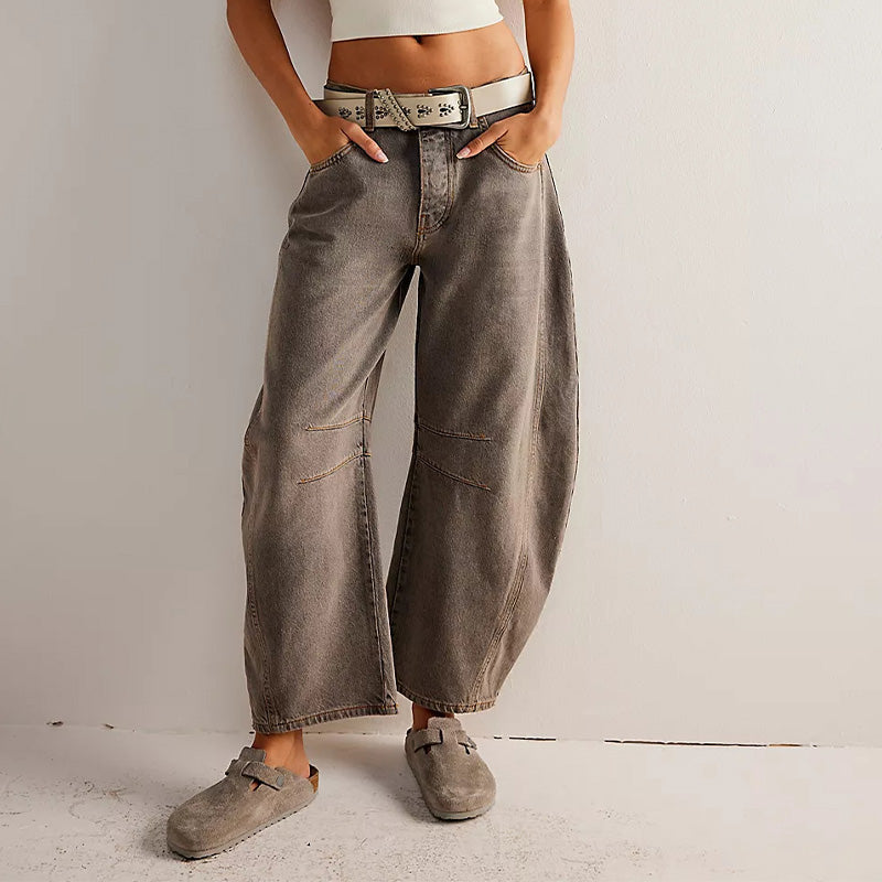 Dames Retro Mid-Rise Gebogen Jeans met Wijde Benen