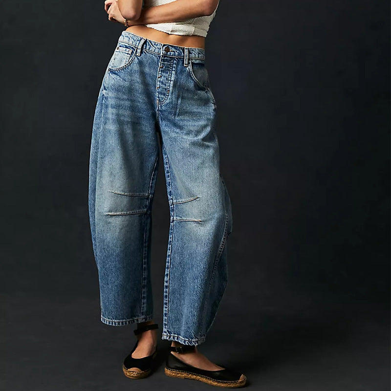 Dames Retro Mid-Rise Gebogen Jeans met Wijde Benen