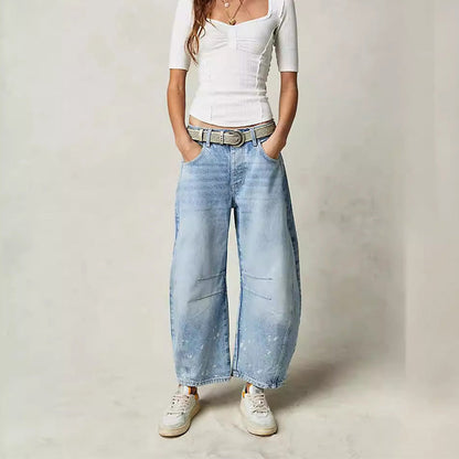 Dames Retro Mid-Rise Gebogen Jeans met Wijde Benen