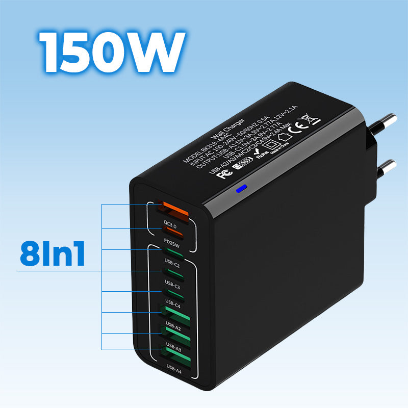 🔌 50% DE DESCONTO – Carregador Multi-Porta 150W Ultra-Rápido | 8 portas USB, carregamento simultâneo & proteção inteligente ⚡