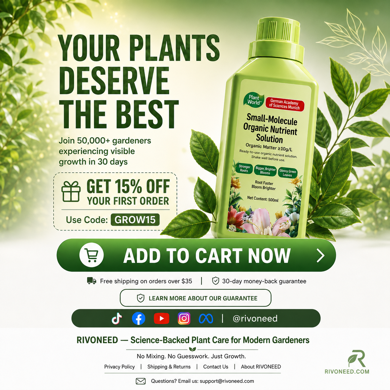 🌱 50% DE DESCONTO – Solução Nutriente Orgânica para Plantas | Promove crescimento, suave para mudas & absorção rápida