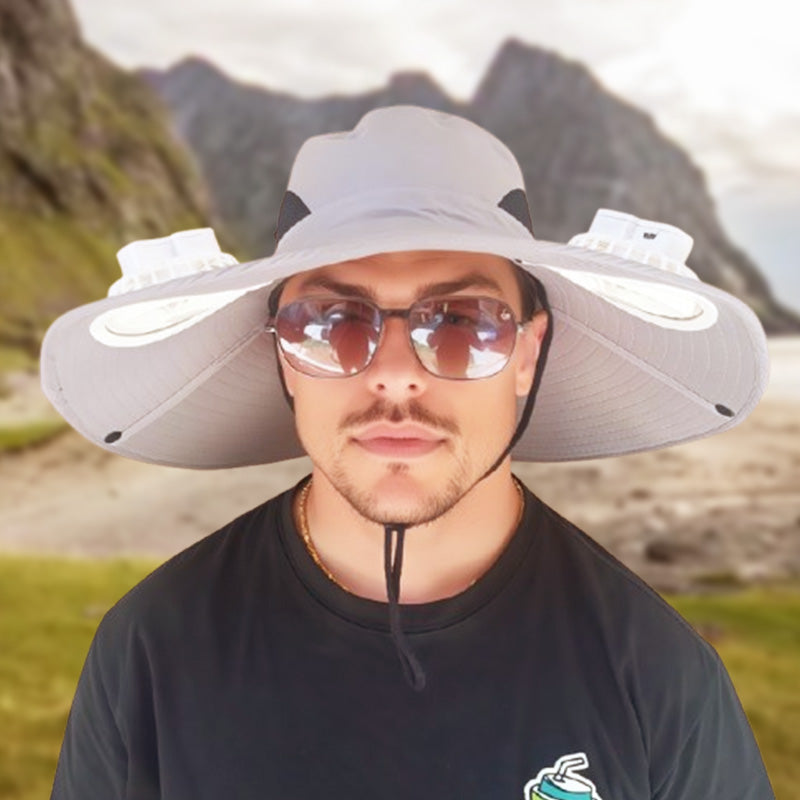 Outdoor Sun Ha🧢 50% DE DESCONTO – Chapéu Solar com Ventoinhas Duplas para Exterior | Fresco, prático & ideal para dias quentest with Dual Solar-Powered Fans
