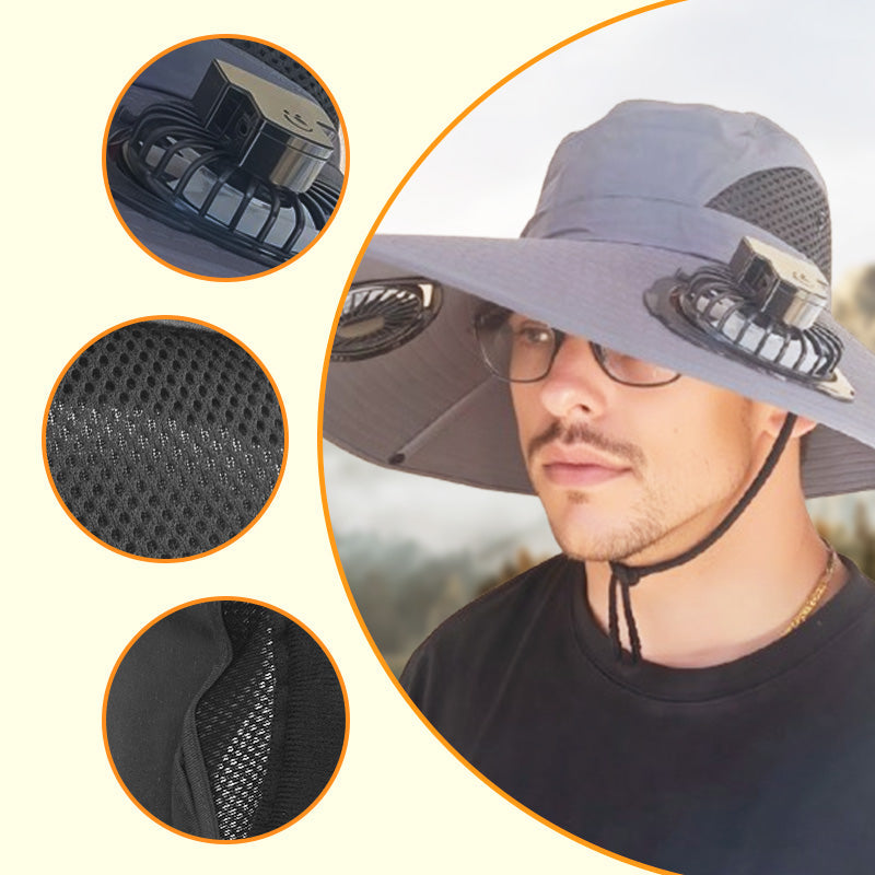Outdoor Sun Ha🧢 50% DE DESCONTO – Chapéu Solar com Ventoinhas Duplas para Exterior | Fresco, prático & ideal para dias quentest with Dual Solar-Powered Fans