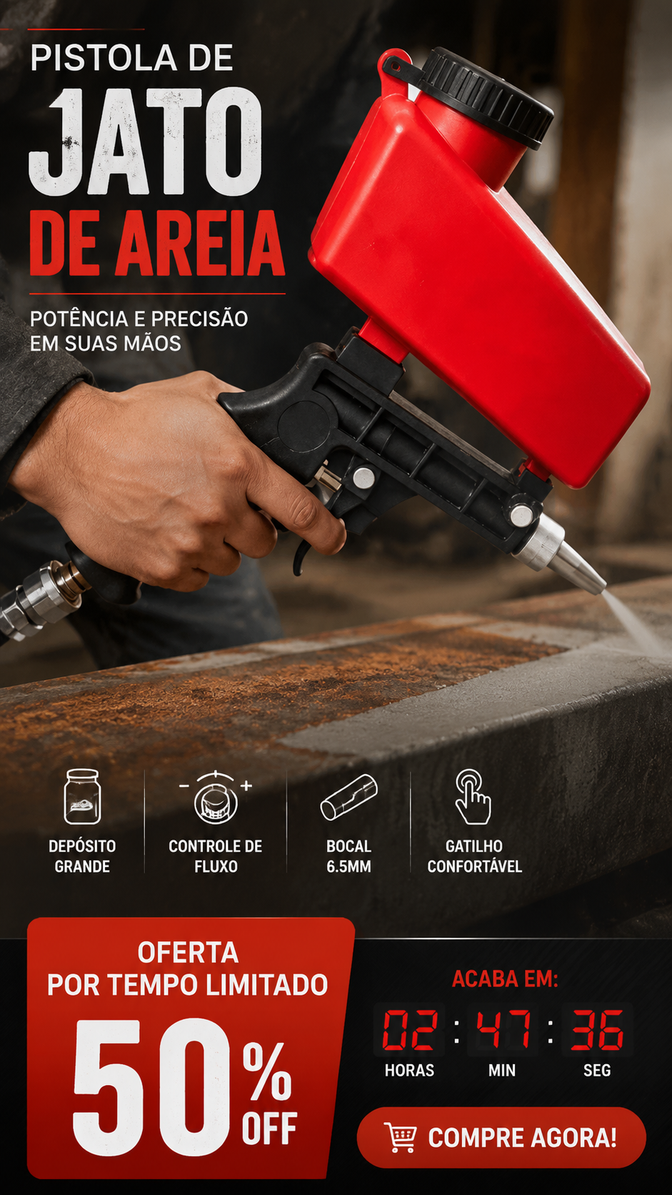 🔧 50% DE DESCONTO – Pistola Portátil de Jato de Areia Pneumática | Remove ferrugem, polia & detalha superfícies 🚀