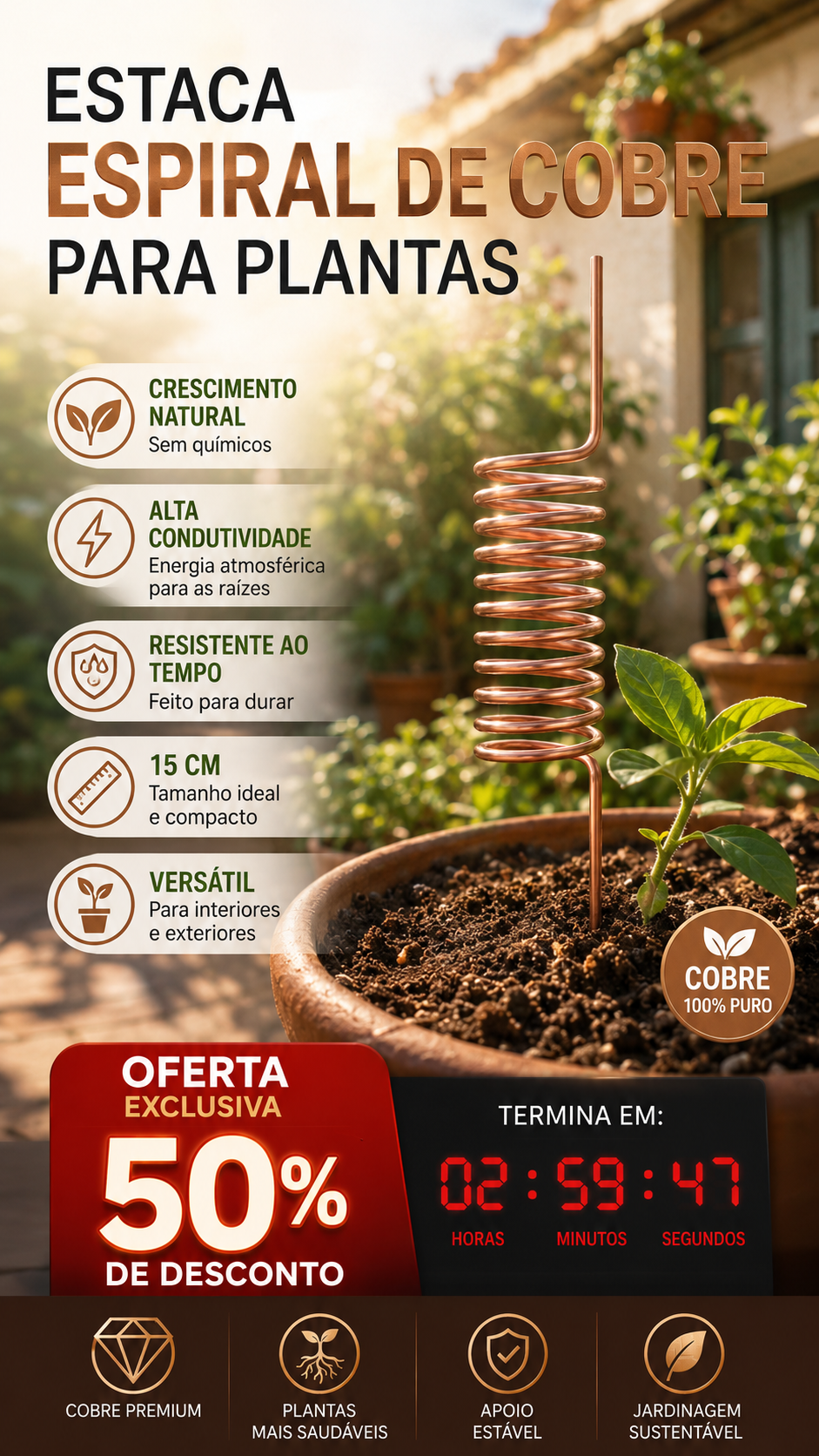 🌿 50% DE DESCONTO – Estacas para Plantas com Antena Espiral de Cobre | Promove crescimento, duráveis & ideais para jardim 🔥
