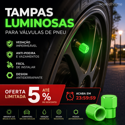 🚗 50% DE DESCONTO – Tampa de Válvula de Pneu Universal Luminosa | Visível à noite, fácil instalação & segurança extra