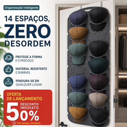 🧢 50% DE DESCONTO – Suporte Suspenso para Chapéus com Vários Bolsos | Organizador prático, economiza espaço & fácil acesso