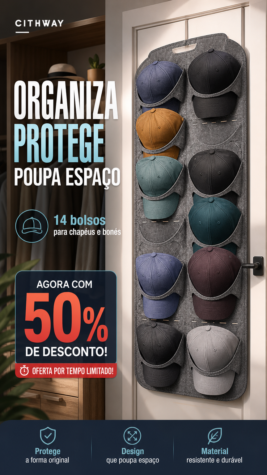 🧢 50% DE DESCONTO – Suporte Suspenso para Chapéus com Vários Bolsos | Organizador prático, economiza espaço & fácil acesso