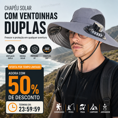 Outdoor Sun Ha🧢 50% DE DESCONTO – Chapéu Solar com Ventoinhas Duplas para Exterior | Fresco, prático & ideal para dias quentest with Dual Solar-Powered Fans