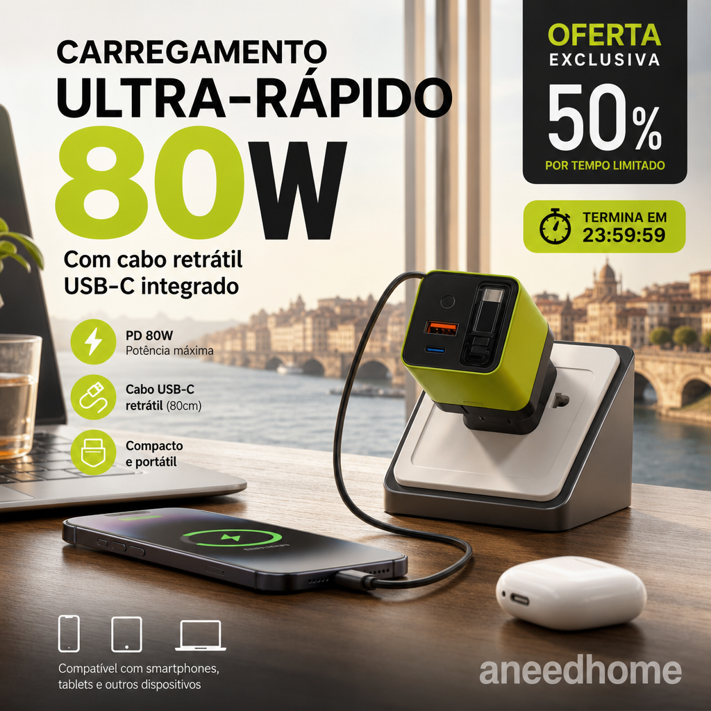 🔋 50% DE DESCONTO – Carregador Rápido 80W com Cabo Type-C Retrátil de 80cm | Potente, compacto & ideal para viagens