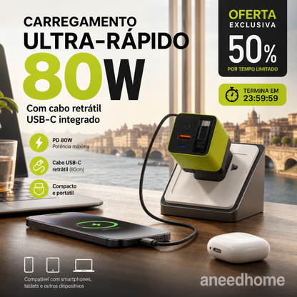🔋 50% DE DESCONTO – Carregador Rápido 80W com Cabo Type-C Retrátil de 80cm | Potente, compacto & ideal para viagens