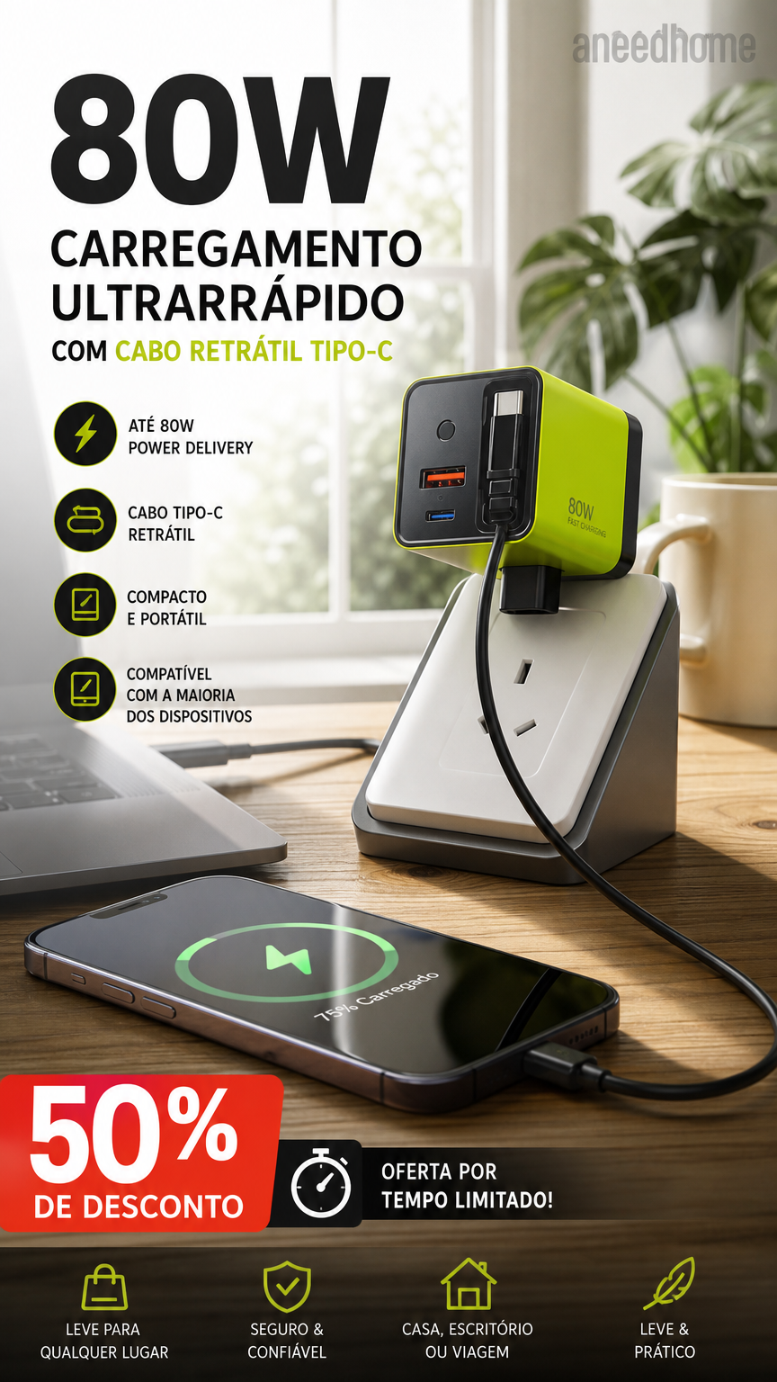 🔋 50% DE DESCONTO – Carregador Rápido 80W com Cabo Type-C Retrátil de 80cm | Potente, compacto & ideal para viagens
