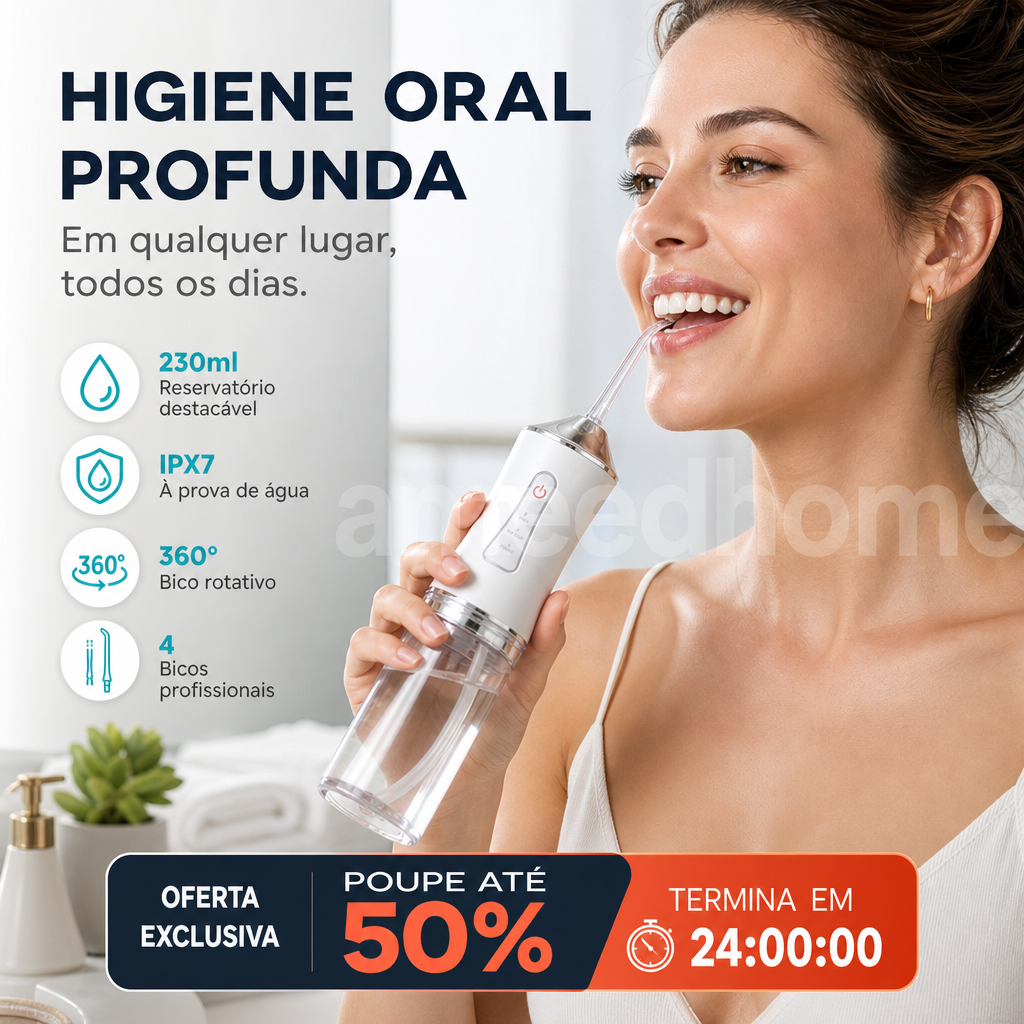 🦷 50% DE DESCONTO – Irrigador Dental Portátil Sem Fios | Limpeza profunda, fácil de usar & ideal para viagens