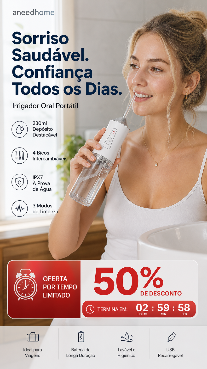 🦷 50% DE DESCONTO – Irrigador Dental Portátil Sem Fios | Limpeza profunda, fácil de usar & ideal para viagens