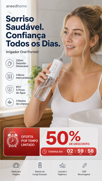🦷 50% DE DESCONTO – Irrigador Dental Portátil Sem Fios | Limpeza profunda, fácil de usar & ideal para viagens