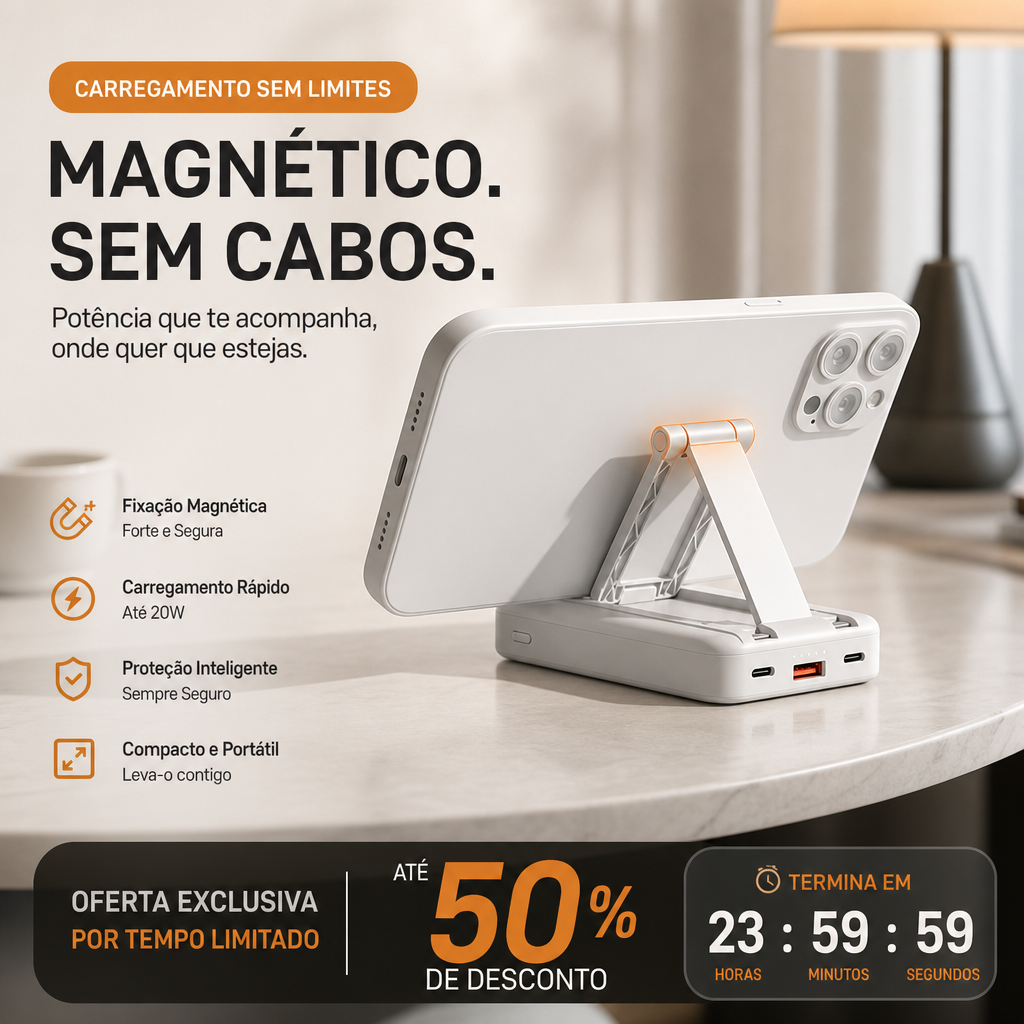 🔋 50% DE DESCONTO – Power Bank Magnético 3 em 1 com Cabos Duplos | Carregamento sem fios, portátil & ideal para viagens