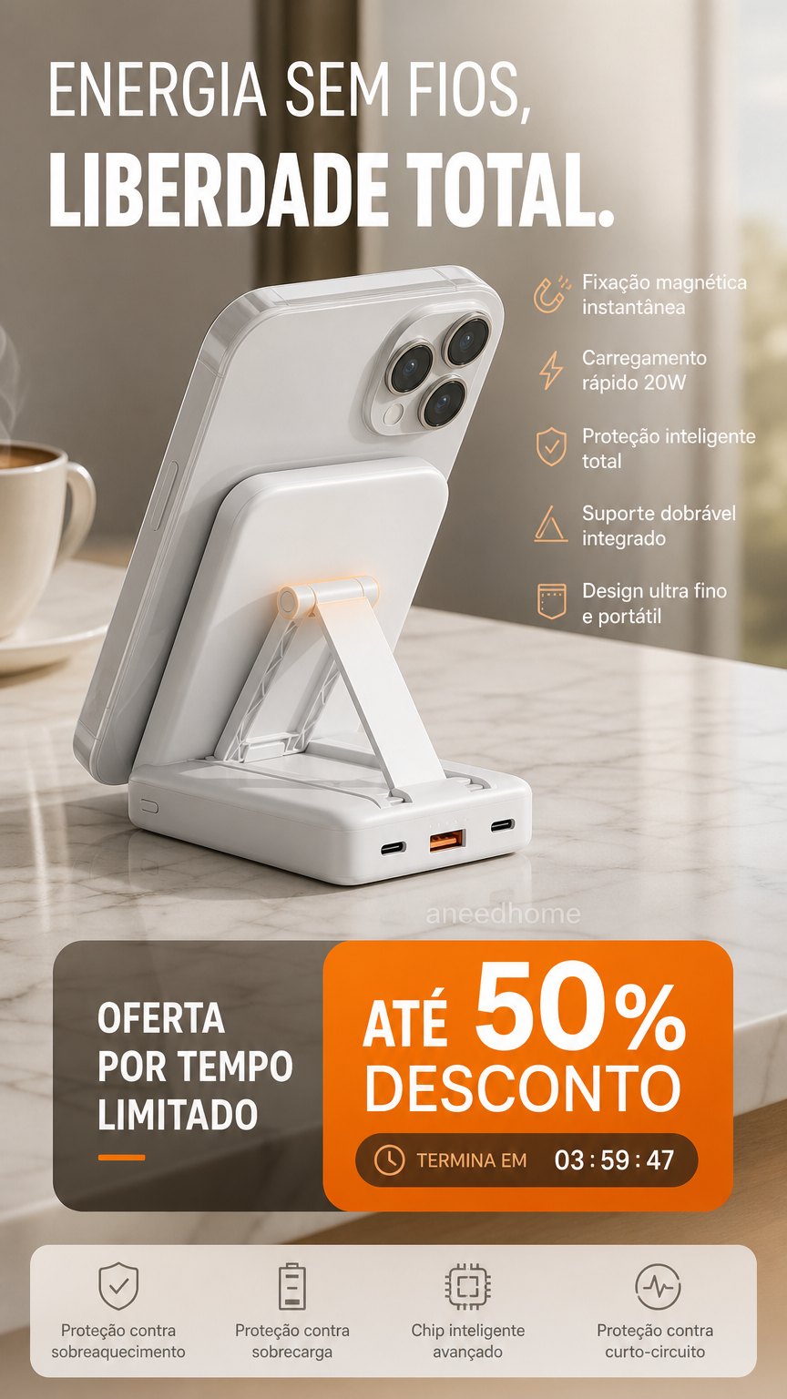 🔋 50% DE DESCONTO – Power Bank Magnético 3 em 1 com Cabos Duplos | Carregamento sem fios, portátil & ideal para viagens