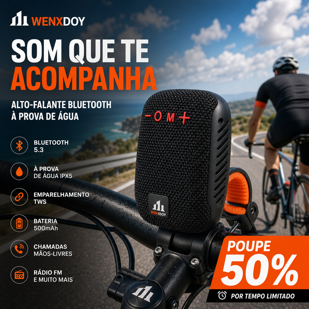 🚲 50% DE DESCONTO – Coluna Bluetooth Impermeável para Bicicleta | IPX5, TWS, som potente & fácil montagem 🎵🔊