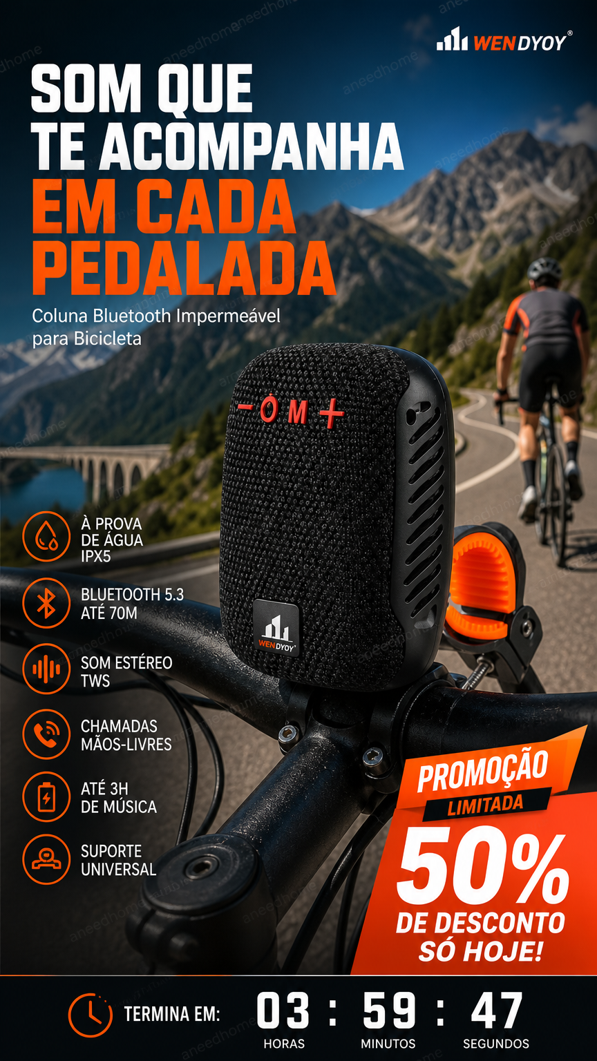 🚲 50% DE DESCONTO – Coluna Bluetooth Impermeável para Bicicleta | IPX5, TWS, som potente & fácil montagem 🎵🔊