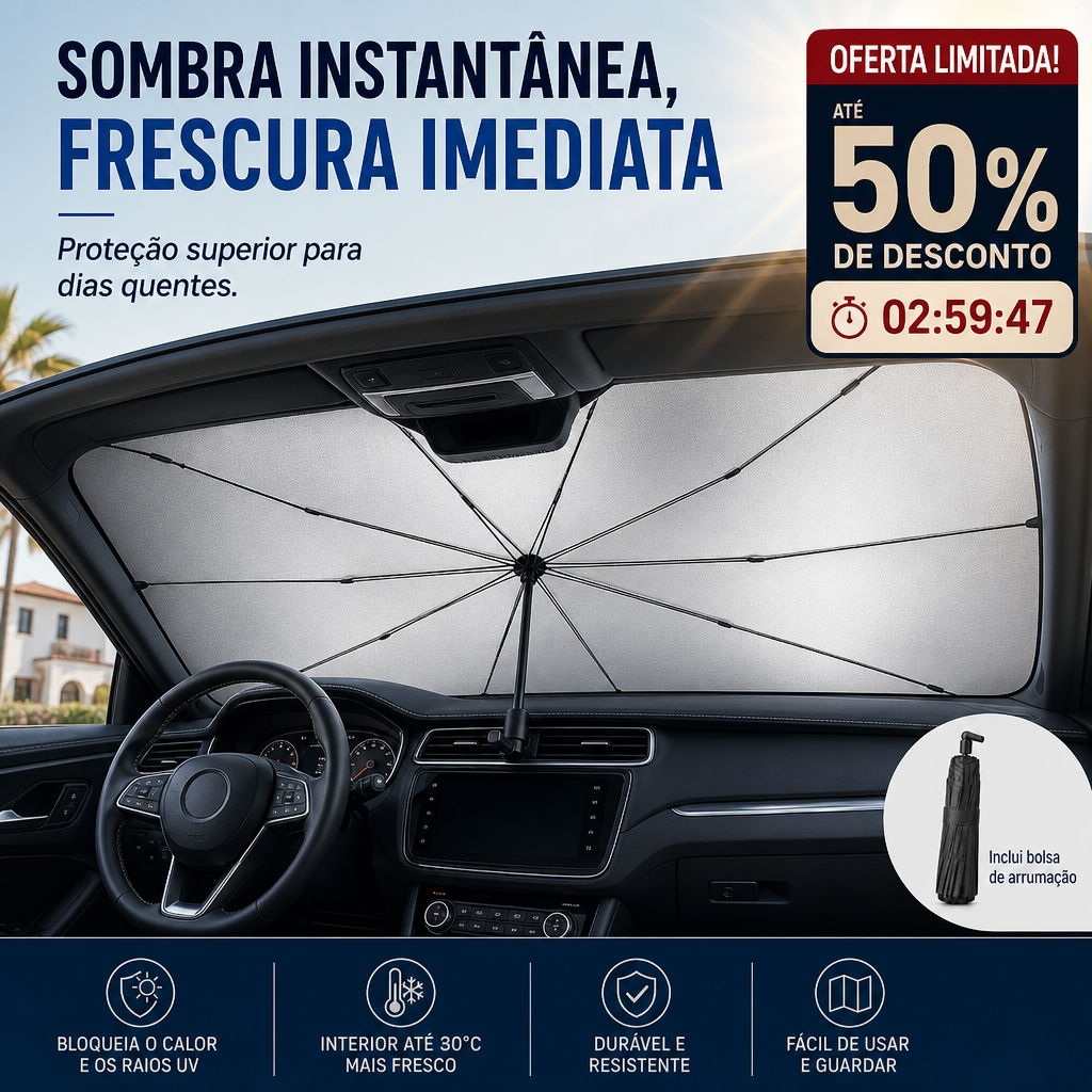 🚗 50% DE DESCONTO – Compre 2 e Ganhe 10% OFF 💝 Guarda-sol Dobrável para Para-brisas | Protege do sol, fácil de guardar & prático 🌞