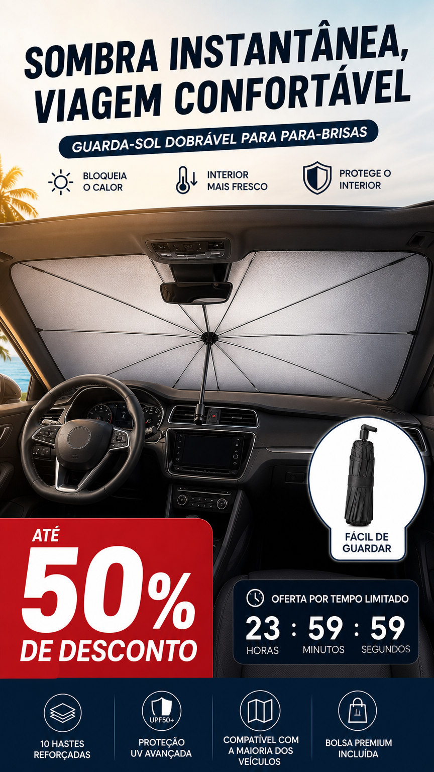 🚗 50% DE DESCONTO – Compre 2 e Ganhe 10% OFF 💝 Guarda-sol Dobrável para Para-brisas | Protege do sol, fácil de guardar & prático 🌞