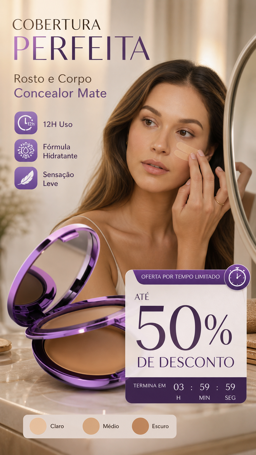 💜 50% DE DESCONTO – ÚLTIMO DIA 💜 Corretivo Matte para Rosto e Corpo | Alta cobertura, acabamento natural & longa duração